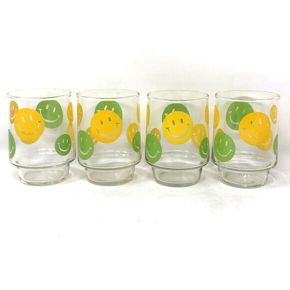 4 VTG 70s LIBBEY SMILEY FACE Stackable Glass Tumblers Green & Yellow 4 1/4" MCM - Picture 3 of 10